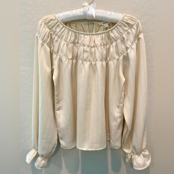 mine Tops - MINE | Cream Metallic Gold Stripe Smocked Romantic Long Sleeve Blouse | Small